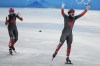 Jordan Pierre-Gilles of Canada, celebrates after his team won the men's 5000-meters relay final during the short track speedskating competition at the 2022 Winter Olympics, Wednesday, Feb. 16, 2022, in Beijing. (AP Photo/David J. Phillip)