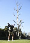 Collin Morikawa tees off on the 16th hole during the Genesis Invitational pro-am golf event at Riviera Country Club, Wednesday, Feb. 16, 2022, in the Pacific Palisades area of Los Angeles. (AP Photo/Ryan Kang)