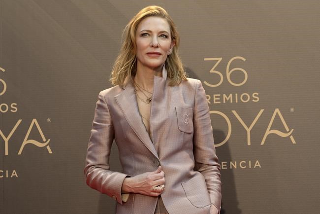 FILE - Cate Blanchett appears at the Goya Film Awards in Valencia, Spain, on Feb. 12, 2022. Blanchett will receive the 47th Chaplin Award by Film at Lincoln Center on April 25, in New York. (AP Photo/Alberto Saiz, File)