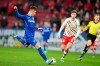 Leverkusen's Patrik Schick scores, during the German Bundesliga soccer match between Mainz and Bayer Leverkusen, in Mainz, Germany, Friday, Feb. 18, 2022. (Thomas Frey/dpa via AP)