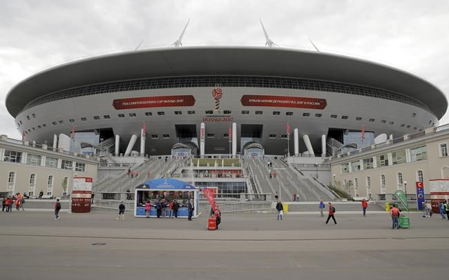 FILE - A general view of the St. Petersburg Stadium prior to the Confederations Cup soccer match between New Zealand and Portugal, in St. Petersburg, Russia, June 24, 2017. The British government led calls Tuesday, Feb. 22, 2022 for the Champions League final to be taken off Russia by European football's governing body to punish its deepening intervention in Ukraine. The showpiece men's game is due to be played in St. Petersburg on May 28 for the biggest sporting event in Russia since the 2018 World Cup.(AP Photo/Pavel Golovkin, file)
