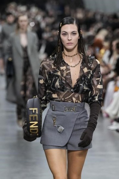 A model wears a creation as part of the Fendi Fall/Winter 2022-2023 fashion collection, unveiled during the Fashion Week in Milan, Italy, Wednesday, Feb. 23, 2022. (AP Photo/Antonio Calanni)