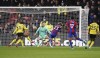 Crystal Palace's Conor Gallagher, third right, scores during the English Premier League soccer match between Watford and Crystal Palace at Vicarage Road, Watford, England, Wednesday Feb. 23, 2022. (John Walton/PA via AP)