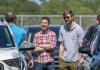 New York Mets' Max Scherzer, back to camera at left, former player Kevin Slowey, center, and former St. Louis Cardinals' Andrew Miller arrive for baseball contract negotiations at Roger Dean Stadium in Jupiter, Fla., Wednesday, Feb. 23, 2022. (Greg Lovett/The Palm Beach Post via AP)