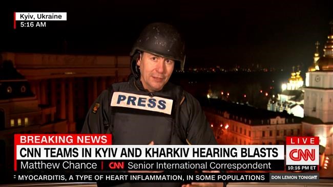 This image taken from video shows CNN International Correspondent Matthew Chance reporting from Kyiv, Ukraine early Thursday, Feb. 24, 2022, as Russia launched a full-scale invasion of Ukraine. (CNN via AP)