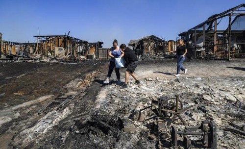 Emily Homeric, Robert O'Connor and Wandi Blanco pour water on hotspots behind homes in Panama City, Fla., Saturday, March 5, 2022 after a wildfire that started Friday. The three neighbors were taking water out of the pool from one of the burned out homes to use on the hotspots.  (Mike Fender/News Herald via AP)