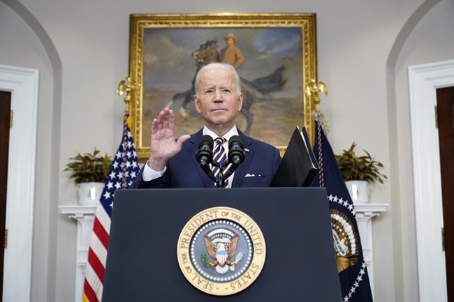 President Joe Biden announces a ban on Russian oil imports, toughening the toll on Russia's economy in retaliation for its invasion of Ukraine, Tuesday, March 8, 2022, in the Roosevelt Room at the White House in Washington. (AP Photo/Andrew Harnik)