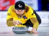 Team Manitoba skip Mike McEwen makes a shot against Team British Columbia at the Tim Hortons Brier in Lethbridge, Alta., Saturday, March 5, 2022. THE CANADIAN PRESS/Jeff McIntosh