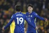 Chelsea's Kai Havertz, right, celebrates scoring during the English Premier League soccer match between Norwich City and Chelsea at Carrow Road, Norwich, England, Thursday, March 10, 2022. (Joe Giddens/PA via AP)