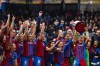 Barcelona players celebrate at the end of the Women's Spanish La Liga soccer match between Barcelona and Real Madrid at Johan Cruyff stadium in Barcelona, Spain, Sunday, March 13, 2022. Barcelona won 5-0 to clinch the championship title before the end of the season. (AP Photo/Joan Monfort)