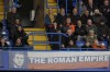 A banner in the colors of Russia's national flag depicting Chelsea soccer club owner Roman Abramovich and reading 