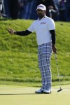 Anirban Lahiri, of India, reacts after missing a putt on the 18th hole during the third round of play in The Players Championship golf tournament Monday, March 14, 2022, in Ponte Vedra Beach, Fla. (AP Photo/Lynne Sladky)