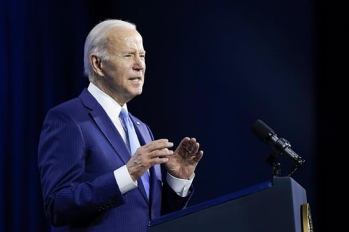 President Joe Biden speaks at the National League of Cities Congressional City Conference, Monday, March 14, 2022, in Washington. (AP Photo/Patrick Semansky)