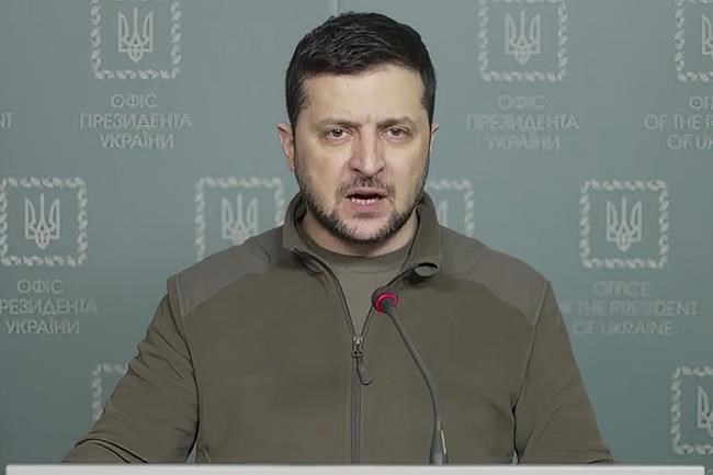 In this image from video provided by the Ukrainian Presidential Press Office and posted on Facebook Tuesday, March 15, 2022, Ukrainian President Volodymyr Zelenskyy speaks in Kyiv, Ukraine. (Ukrainian Presidential Press Office via AP)