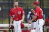 Washington Nationals pitcher Stephen Strasburg, left, talks with pitching coach Jim Hickey after throwing live batting practice during the team's spring training baseball workout, Tuesday, March 15, 2022, in West Palm Beach, Florida. (AP Photo/Sue Ogrocki)