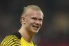 Dortmund's Erling Haaland reacts at the end of a Bundesliga soccer match between FSV Mainz 05 and Borussia Dortmund at the Mewa Arena in Mainz, Germany, Wednesday, March 16, 2022. (AP Photo/Michael Probst)