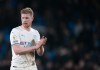 Manchester City's Kevin De Bruyne applauds at the end of the English Premier League soccer match between Crystal Palace and Manchester City at Selhurst Park stadium in London, Monday, March 14, 2022. (AP Photo/Matt Dunham)