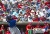 Toronto Blue Jays first baseman Vladimir Guerrero Jr. blasts a first inning home during a spring training game against the Philadelphia Phillies at BayCare Ballpark Saturday, March 19, 2022, in Clearwater, Fla. THE CANADIAN PRESS/Mark Taylor