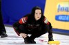 Team Canada skip Kerri Einarson watches her rock during the first draw of the Women's World Curling at CN Centre in Prince George, BC., on Saturday, March 19, 2022. THE CANADIAN PRESS/Brent Braaten