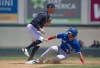 Toronto Blue Jays’ Vinny Capra, right, is forced out at second base by Detroit Tigers shortstop Ryan Kreidler during a spring training game Monday, March 21, 2022, in Lakeland, Fla. THE CANADIAN PRESS/Mark Taylor