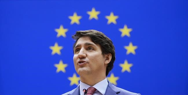 Prime Minister Justin Trudeau addresses the European Parliament in Brussels, Belgium on Wednesday, March 23, 2022. THE CANADIAN PRESS/Sean Kilpatrick