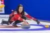 Canada skip Kerri Einarson throws a stone against Sweden at the Women's World Curling Championship in Prince George, B.C., on Wednesday, March 23, 2022. Einarson drew closer to a playoff berth with a 9-3 win over the United States on Thursday. THE CANADIAN PRESS/James Doyle