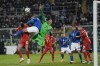 North Macedonia's goalkeeper Stole Dimitrievski saves on attempt to score by Italy's Gianluca Mancini during the World Cup qualifying play-off soccer match between Italy and North Macedonia, at Renzo Barbera stadium, in Palermo, Italy, Thursday, March 24, 2022. (AP Photo/Antonio Calanni)