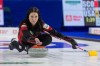 Canada skip Kerri Einarson throws a stone against Germany at CN Centre during the Women's World Curling in Prince George, B.C., on Friday, March 25, 2022.&nbsp;Einarson clinched a playoff spot at the women's world curling championship Friday with an 8-5 win over Germany. THE CANADIAN PRESS/James Doyle