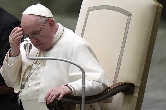 Pope Francis gestures, during his weekly general audience in the Paul VI Hall, at the Vatican, Wednesday, March 23, 2022. Métis and Inuit delegates are set to speak with Pope Francis at the Vatican in two separate meetings today.THE CANADIAN PRESS/AP/Alessandra Tarantino