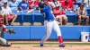 Toronto Blue Jays' Vladimir Guerrero Jr. hits a solo home run off Philadelphia Phillies' Bailey Falter during the first inning of a spring training baseball game at TD Ballpark, in Dunedin, Fla., Sunday, March 27, 2022. THE CANADIAN PRESS/Steve Nesius