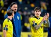 Sweden's Zlatan Ibrahimovic, second left, celebrates Sweden's victory with Victor Nilsson Lindelöf, right, after the group B World Cup 2022 qualifying playoff soccer match between Sweden and the Czech Republic at Friends Arena in Stockholm, Sweden, Thursday, March 24, 2022. (Jonas Ekstromer/TT via AP)
