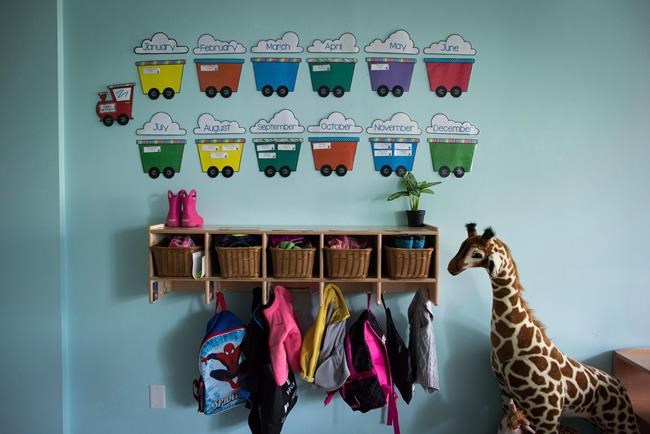 Children's backpacks and shoes are seen at a daycare facility in Langley, B.C., on Tuesday May 29, 2018. THE CANADIAN PRESS/Darryl Dyck