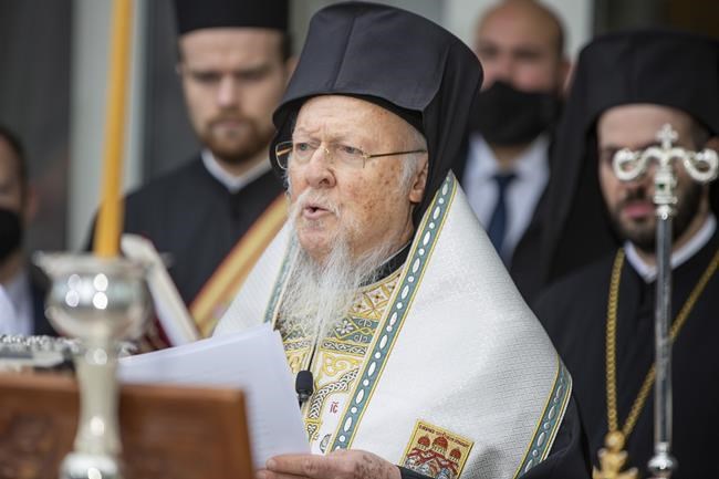 FILE - Ecumenical Patriarch Bartholomew leads the official door-opening ceremony of lower Manhattan's St. Nicholas Greek Orthodox Church on Tuesday, Nov. 2, 2021. The spiritual leader of the world's Orthodox Christians on Tuesday, March 29, 2022, denounced Russia's invasion of Ukraine as an