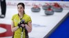 Team Manitoba lead Lisa Weagle leans on her broom as she plays Team Prince Edward Island at the Scotties Tournament of Hearts in Calgary, Alta., Wednesday, Feb. 24, 2021. Weagle plans to step back from women's team curling next season to focus on the mixed doubles discipline.THE CANADIAN PRESS/Jeff McIntosh