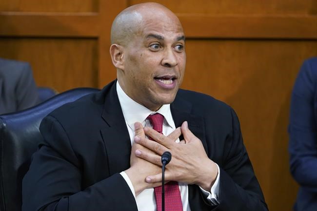 FILE - Sen. Cory Booker, D-N.J., speaks during the confirmation hearing of Supreme Court nominee Judge Ketanji Brown Jackson before the Senate Judiciary Committee on Capitol Hill in Washington, March 23, 2022. Booker delivered a widely praised speech pushing back on his Republican colleagues’ combative questioning of Jackson, who is poised to become the first Black woman confirmed to the U.S. Supreme Court. (AP Photo/Susan Walsh, File)