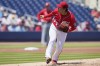 Washington Nationals' Anibal Sanchez watches a pitch during the first inning of the team's spring training baseball game against the St. Louis Cardinals, Wednesday, March 30, 2022, in West Palm Beach, Fla. (AP Photo/Sue Ogrocki)