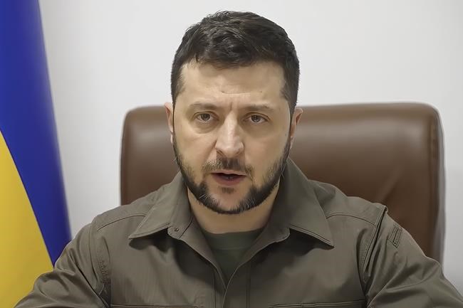 In this image from video provided by the Ukrainian Presidential Press Office, Ukrainian President Volodymyr Zelenskyy speaks to the Norwegian Parliament from Kyiv, Ukraine, Wednesday, March 30, 2022. Zelenskyy, speaking through an interpreter during a live video appearance before the 169-member Stortinget, said that