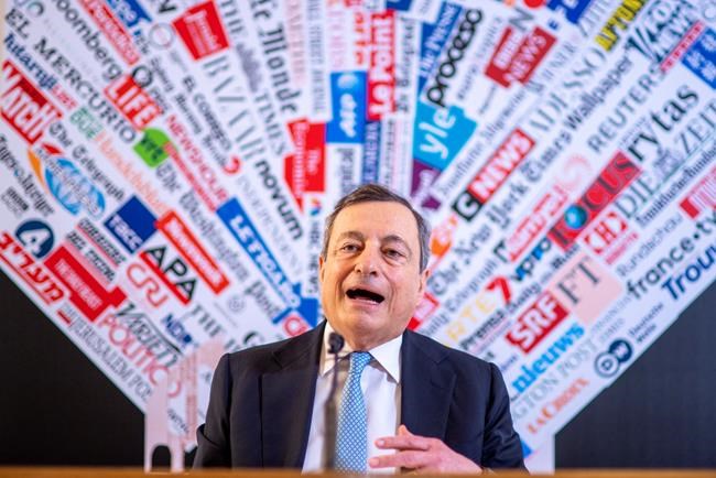 Italian Premier Mario Draghi attends a press conference at the Foreign Press Club in Rome, Thursday, March 31, 2022. Draghi said that the Russian president told him during a 40-minute phone call Wednesday evening that European companies can continue to pay for existing energy contracts in euros and dollars. (AP Photo/Domenico Stinellis)