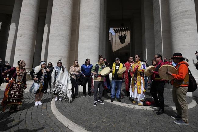 Indigenous artists from across Canada perform in St.Peter's Square, at the Vatican, Friday, April 1, 2022. Pope Francis on Friday made a historic apology to Indigenous Peoples for the