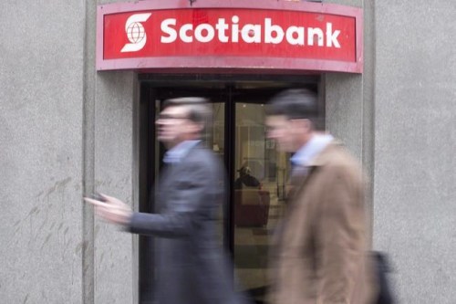 A branch of Scotiabank is pictured in downtown Toronto on April 10, 2018. Scotiabank’s climate change commitments and net-zero approach was a recurring theme brought up by shareholders and proxy holders at the bank’s 190th annual general meeting (AGM) this morning. THE CANADIAN PRESS/Chris Young