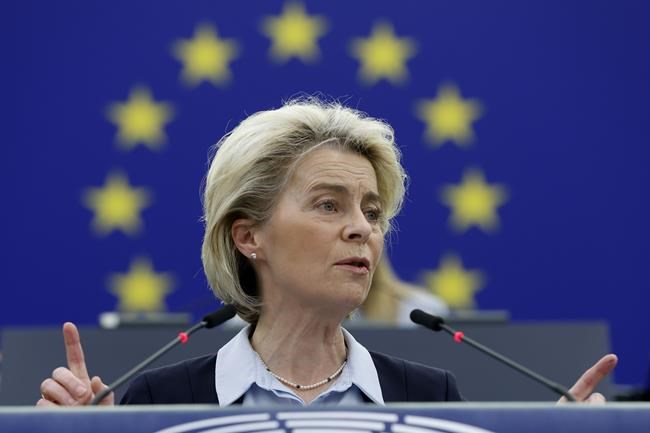 European Commission President Ursula von der Leyen delivers a speech during a debate on the conclusions of the European Council meeting of March 24-25 2022, including the latest developments of the war against Ukraine and the EU sanctions against Russia, Wednesday, April 6, 2022 in Strasbourg, eastern France. (AP Photo/Jean-Francois Badias)