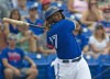 Toronto Blue Jays' Vladimir Guerrero Jr. at bat during a spring training game at TD Ballpark, in Dunedin, Fla., Saturday, April 2, 2022.. After finishing one game short of the post-season last year, the Toronto Blue Jays look to have the makings of a playoff team in 2022. CANADIAN PRESS/Mark Taylor