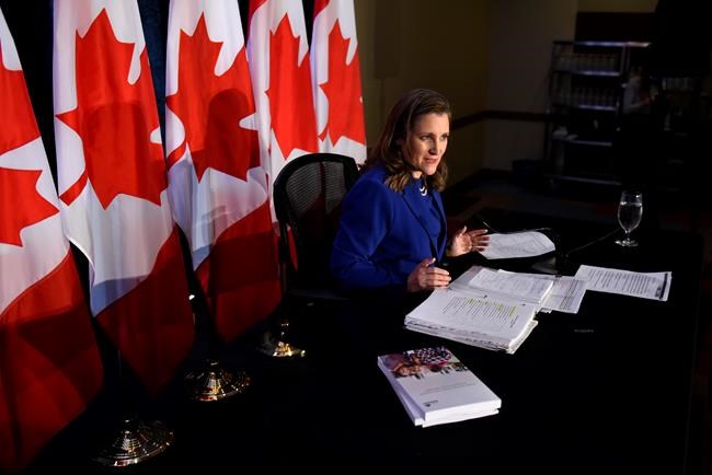 Deputy Prime Minister and Minister of Finance Chrystia Freeland speaks a news conference in the media lockup, ahead of the tabling of the federal budget, in Ottawa, on Thursday, April 7, 2022. THE CANADIAN PRESS/Justin Tang