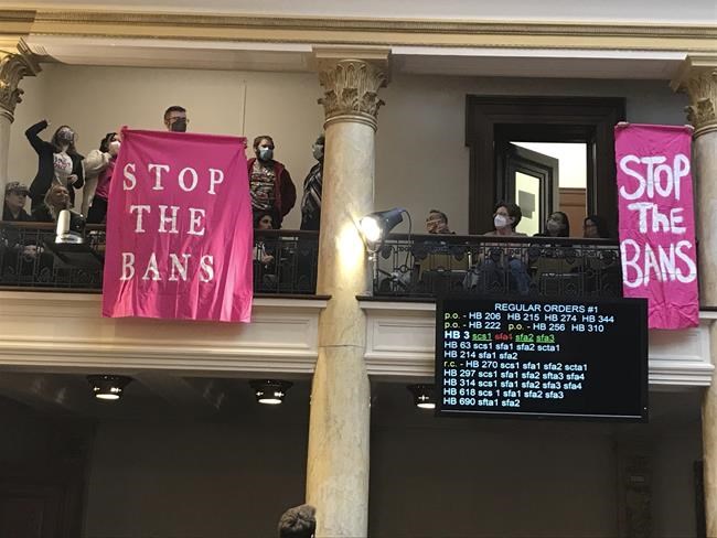 FILE - Abortion-rights supporters protest as the Kentucky Senate debate a bill Tuesday, March 29, 2022, in Frankfort, Ky., to put more restrictions on abortion. Democratic Gov. Andy Beshear vetoed a Republican-backed measure on Friday, April 8, that would ban abortions in Kentucky after 15 weeks of pregnancy and regulate the dispensing of abortion pills. (Debby Yetter/Courier Journal via AP, File)