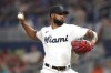 Miami Marlins starting pitcher Sandy Alcantara throws during the first inning of the team's baseball game against the Philadelphia Phillies, Thursday, April 14, 2022, in Miami. (AP Photo/Lynne Sladky)