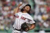 Boston Red Sox's Hirokazu Sawamura pitches during the fifth inning of a baseball game against the Minnesota Twins, Friday, April 15, 2022, in Boston. (AP Photo/Michael Dwyer)