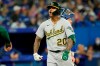 Oakland Athletics centre fielder Cristian Pache (20) celebrates crossing plate after hitting a two run home run during ninth inning MLB baseball action against the Toronto Blue Jays in Toronto on Saturday, April 16, 2022. THE CANADIAN PRESS/Frank Gunn