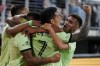 Austin FC defender Ruben Gabrielsen, second from left, celebrates his goal with teammates, including forward Sebastián Driussi (7) and midfielder Héctor Jiménez, right, during the second half of an MLS soccer match against D.C. United, Saturday, April 16, 2022, in Washington. Austin FC won 3-2. (AP Photo/Alex Brandon)