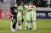 Austin FC members celebrate after an MLS soccer match against D.C. United, Saturday, April 16, 2022, in Washington. Austin FC won 3-2. (AP Photo/Alex Brandon)