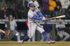 Texas Rangers' Nick Solak strikes out swinging to end the team's baseball game against the Seattle Mariners, Wednesday, April 20, 2022, in Seattle. The Mariners won 4-2. (AP Photo/Ted S. Warren)